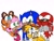 Size: 1680x1280 | Tagged: safe, artist:rosecandyart, amy rose, knuckles the echidna, miles "tails" prower, sonic the hedgehog, sticks the badger, badger, echidna, fox, hedgehog, 2023, amy x sonic, amybetes, blushing, chibi, clenched teeth, crush, cute, ear fluff, ear piercing, eyes closed, female, flat colors, group, heart eyes, knucklebetes, looking at each other, male, mouth open, shipping, smile, sonabetes, sonic boom (tv), standing, stickabetes, straight, tailabetes, tongue out, top surgery scars, trans female, trans male, transgender, wall of tags, white background, wink