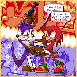 Size: 2132x2132 | Tagged: safe, artist:gsvproductions, knuckles the echidna, nack the weasel, duo, fighting, hat, knuckles' hat