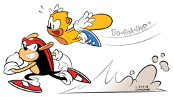 Size: 768x430 | Tagged: safe, artist:jamesthereggie, mighty the armadillo, sonic mania, clenched fists, clenched teeth, duo, duo male, dust clouds, flying, gliding, looking at each other, male, males only, mouth open, running, sfx, signature, simple background, smile, white background