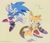 Size: 1200x1038 | Tagged: safe, artist:ovodack, miles "tails" prower, sonic the hedgehog, sonic the hedgehog 2 (2022), character name, duo, duo male, english text, holding something, looking at viewer, male, males only, mid-air, ring, simple background, smile, treads, yellow background