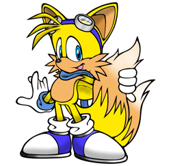 Size: 2639x2557 | Tagged: artist needed, safe, oc, hybrid, blue shoes, fusion, fusion:ray, fusion:tails, goggles, holding tail, looking at viewer, male, mobius.social exclusive, mouth open, one fang, scarf, simple background, solo, solo male, standing, transparent background, two tails