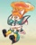 Size: 1440x1800 | Tagged: safe, artist:justatoast, kit the fennec, miles "tails" prower, fox, abstract background, carrying them, duo, duo male, eyes clipping through hair, flying, frown, holding them, looking ahead, male, males only, mouth open, one fang, open smile, signature, smile, spinning tails, treads