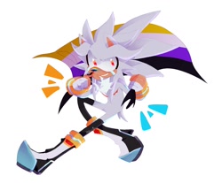 Size: 1776x1468 | Tagged: safe, artist:_silvverlaw, silver the hedgehog, 31 days sonic, aro ace pride, clenched teeth, facepaint, flag, holding something, looking offscreen, nonbinary, nonbinary pride, simple background, smile, solo, top surgery scars, walking, white background