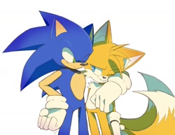 Size: 1632x1260 | Tagged: safe, artist:asuraschaos, miles "tails" prower, sonic the hedgehog, 31 days sonic, arm around shoulders, clenched teeth, duo, duo male, gay, looking at each other, males only, one eye closed, shipping, simple background, smile, sonic x tails, standing, white background, wink