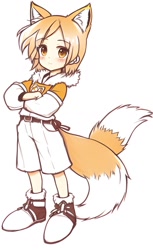 Size: 960x1568 | Tagged: safe, ai art, artist:dreams.ai, miles "tails" prower, human, 2023, alternate eye color, arms folded, blushing, child, ear fluff, humanized, looking at viewer, male, mobius.social exclusive, partially humanized, simple background, smile, solo, solo male, standing, white background, yellow eyes