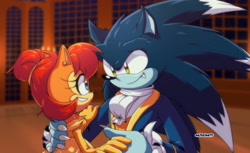 Size: 1142x700 | Tagged: safe, artist:artsriszi, sally acorn, sonic the hedgehog, beauty and the beast, disney, duo, sally x sonic, shipping, sonic the werehog, straight, werehog