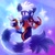 Size: 2048x2043 | Tagged: safe, artist:bongwater777, tangle the lemur, lemur, abstract background, donut, female, holding something, looking at viewer, one fang, smile, solo, sparkles, standing, v sign