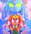 Size: 1890x2048 | Tagged: safe, artist:bongwater777, chaos, tikal, sonic adventure, abstract background, agender, arms forward, arms out, clouds, duo, female, frown, glowing eyes, standing