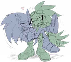 Size: 2048x1789 | Tagged: safe, artist:bongwater777, jet the hawk, sonic the hedgehog, blushing, carrying them, clenched teeth, duo, duo male, gay, heart, jet x sonic, lidded eyes, male, males only, mouth open, pointing, shipping, sitting, smile, sonic riders