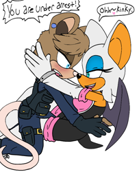 Size: 632x779 | Tagged: safe, artist:vsyevee, agent topaz, rouge the bat, bat, mouse, 2016, blushing, dialogue, duo, english text, handcuffs, kneeling, lesbian, lidded eyes, looking at each other, mobianified, mouth open, pink nose, police outfit, rouge x topaz, scene parody, shipping, sitting, smile, sonic x, speech bubble