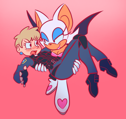 Size: 1208x1140 | Tagged: safe, artist:allie1723, agent topaz, rouge the bat, 2020, blushing, carrying them, duo, flying, gradient background, lesbian, lidded eyes, looking at each other, mouth open, rouge x topaz, shipping, smile