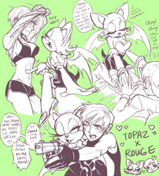 Size: 1280x1414 | Tagged: safe, artist:c2ndy2c1d, agent topaz, rouge the bat, blushing, bra, complimenting, dialogue, duo, embarrassed, english text, green background, gun, handcuffs, heart, lesbian, looking at each other, rouge x topaz, shipping, shorts, simple background, sitting on them, smile, undressing