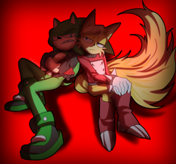 Size: 2000x1852 | Tagged: safe, artist:brendaattilio, miles (anti-mobius), scourge the hedgehog, 2022, arms folded, clenched teeth, duo, frown, lidded eyes, looking at viewer, red background, simple background, sitting