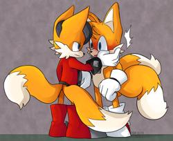 Size: 1334x1088 | Tagged: safe, artist:f0x-bite, miles "tails" prower, miles (anti-mobius), fox, 2019, abstract background, blushing, duo, duo male, gay, hand on another's face, lidded eyes, looking at each other, males only, miles x tails, mouth open, selfcest, shipping, smile, standing, surprised, tails x tails, tailscest, yellow fur