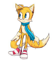 Size: 853x1021 | Tagged: safe, artist:splendidcyan, miles "tails" prower, 2015, looking offscreen, male, scarf, simple background, smile, solo, standing, transparent background