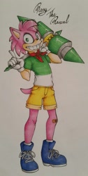 Size: 645x1280 | Tagged: safe, artist:sweetbutts, rosy the rascal, hedgehog, character name, clenched teeth, english text, gender swap, holding something, looking at viewer, male, piko piko hammer, pointing, simple background, solo, solo male, standing, traditional media