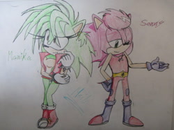 Size: 640x480 | Tagged: safe, artist:funnyhedgehog23, manik the hedgehog, sonia the hedgehog, sonic underground, 2015, brother and sister, character name, duo, english text, female, gender swap, male, pencilwork, simple background, standing, traditional media