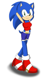 Size: 355x567 | Tagged: safe, artist:blueberry-97, sonic the hedgehog, 2015, crop top, eyelashes, female, gender swap, hands behind head, heels, looking at viewer, shorts, smile, solo, solo female, walking