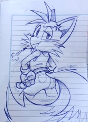 Size: 648x900 | Tagged: safe, artist:marty_jade23, miles "tails" prower, fox, blushing, butt, cross popping vein, gloves, looking at viewer, pants, shirt, signature, sketch, solo