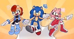 Size: 1024x546 | Tagged: safe, artist:just_marcyart, amy rose, sally acorn, sonic the hedgehog, abstract background, holding hands, trio