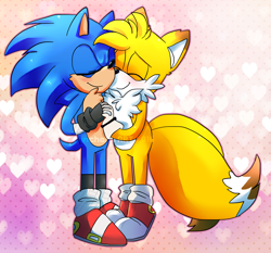 Size: 1500x1400 | Tagged: safe, artist:tairusuku, miles "tails" prower, sonic the hedgehog, 2016, abstract background, aged up, blushing, chest fluff, colored ears, colored tail, duo, eyes closed, gay, heart, holding hands, older, shipping, smile, sonic x tails, standing