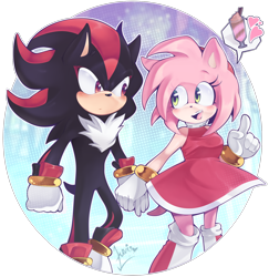 Size: 1572x1614 | Tagged: safe, artist:luvigamer, amy rose, shadow the hedgehog, 2021, amy x shadow, blushing, duo, heart, holding hands, looking at each other, milkshake, semi-transparent background, shipping, straight