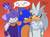 Size: 1300x953 | Tagged: safe, artist:fire-for-battle, blaze the cat, silver the hedgehog, sonic the hedgehog, 2020, arm around shoulders, arms around another's shoulders, blushing, dialogue, english text, gay, gay in front of girls, heart, lidded eyes, looking at each other, looking at them, orange background, redraw, scene interpretation, silver x sonic, simple background, smile, speech bubble, standing, trio