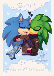 Size: 914x1284 | Tagged: safe, artist:jyllhedgehog367, jet the hawk, sonic the hedgehog, 2019, abstract background, blushing, border, christmas, coat, cute, duo, english text, eyes closed, gay, heart, hugging, jet x sonic, jetabetes, scarf, shipping, smile, sonabetes