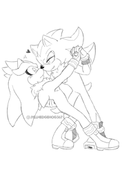 Size: 1000x1414 | Tagged: safe, artist:jyllhedgehog367, shadow the hedgehog, silver the hedgehog, 2022, blushing, dancing, duo, gay, heart, lidded eyes, looking at each other, shadow x silver, shipping, simple background, smile, white background