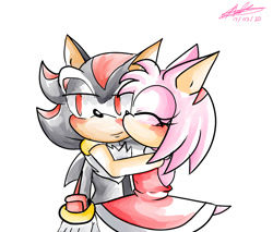 Size: 800x682 | Tagged: safe, artist:vegetitakawaii, amy rose, shadow the hedgehog, 2020, amy x shadow, blushing, duo, eyes closed, kiss on cheek, lidded eyes, shipping, signature, simple background, smile, standing, straight, white background