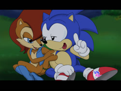 Size: 960x720 | Tagged: safe, artist:segamew, sally acorn, sonic the hedgehog, 2011, duo, grass, linking arms, nighttime, outdoors, redraw, sally x sonic, shipping, sitting, sonic satam, straight