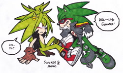 Size: 1973x1168 | Tagged: safe, artist:dawnhedgehog555, scourge the hedgehog, 2015, blushing, clenched teeth, crack shipping, dialogue, duo, duo male, english text, fingerless gloves, frown, gay, leaning forward, looking at each other, male, manic the hedgehog, manourge, older, scouranic, shipping, simple background, sitting, smile, speech bubble, traditional media, white background