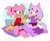 Size: 2590x2122 | Tagged: safe, artist:bongwater777, amy rose, blaze the cat, 2020, abstract background, amy x blaze, barefoot, blushing, bracelet, duo, duo female, female, hairbrush, heart, holding something, kneeling, lesbian, looking at something, looking at them, mouth open, one fang, pillow, shipping, sitting, smile