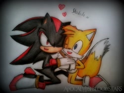 Size: 1483x1111 | Tagged: safe, artist:apocalypsebloodstars, miles "tails" prower, shadow the hedgehog, 2014, duo, gay, heart, holding hands, kneeling, looking at each other, mouth open, one eye closed, pencilwork, shadow x tails, shipping, signature, smile, traditional media