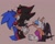 Size: 1204x954 | Tagged: safe, artist:winkwonkblog, rouge the bat, shadow the hedgehog, sonic the hedgehog, blushing, brown background, drink, drinking, ear piercing, eyes closed, female, gay, gay in front of girls, heart, holding each other, holding something, kiss, male, mango juice, shadow x sonic, shipping, signature, simple background, standing, trans male, transgender, trio