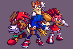 Size: 2048x1365 | Tagged: safe, artist:skeletonpendeja, amy rose, knuckles the echidna, miles "tails" prower, sonic the hedgehog, blue shoes, eyelashes, flying, group, hat, holding something, knuckles' hat, looking ahead, one fang, piko piko hammer, purple background, simple background, skirt, smile, soap shoes, standing, team sonic, trans female, transgender, v sign, yellow gloves