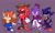 Size: 1600x960 | Tagged: safe, artist:skeletonpendeja, blaze the cat, knuckles the echidna, metal sonic, miles "tails" prower, black sclera, blue shoes, earring, eyelashes, fangs, frown, group, hat, knuckles' hat, looking offscreen, purple background, robot, simple background, skirt, smile, standing, trans female, transgender