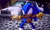 Size: 1600x960 | Tagged: safe, artist:skeletonpendeja, sonic the hedgehog, sonic adventure, abstract background, arms out, car, dark skin, eyelashes, looking ahead, nighttime, outdoors, redraw, smile, solo, standing, station square, yellow gloves