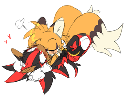 Size: 1071x844 | Tagged: safe, artist:shadails, miles "tails" prower, shadow the hedgehog, blushing, duo, gay, heart, lying back, shadow x tails, shipping, simple background, snuggling, white background