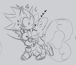 Size: 546x468 | Tagged: safe, artist:shadails, miles "tails" prower, shadow the hedgehog, blushing, duo, gay, grey background, heart, monochrome, shadow x tails, shipping, simple background, sketch, standing, surprise hug, sweatdrop