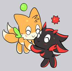 Size: 371x363 | Tagged: safe, artist:shadails, chao, blushing, character chao, duo, eyes closed, flying, gay, genderless, grey background, holding each other, mid-air, shadow chao, shadow x tails, shipping, simple background, smile, tails chao