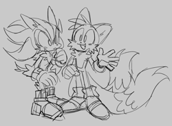 Size: 936x688 | Tagged: safe, artist:shadails, miles "tails" prower, shadow the hedgehog, blushing, duo, gay, grey background, monochrome, shadow x tails, shipping, simple background, sketch, standing