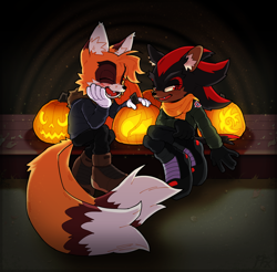 Size: 2048x2016 | Tagged: safe, artist:shadails, miles "tails" prower, shadow the hedgehog, abstract background, blushing, coat, duo, fangs, g.u.n logo, gay, halloween, head rest, mouth open, older, pants, pumpkin, shadow x tails, shipping, sitting, smile