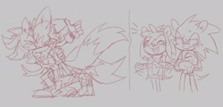 Size: 2048x981 | Tagged: safe, artist:shadails, amy rose, miles "tails" prower, shadow the hedgehog, sonic the hedgehog, clapping, gay, grey background, group, holding each other, kiss, monochrome, shadow x tails, shipping, simple background, sketch, standing