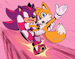 Size: 540x425 | Tagged: safe, artist:konicunai, miles "tails" prower, shadow the hedgehog, abstract background, carrying them, duo, edit, gay, looking at them, mouth open, shadow x tails, shipping, skating, sweatdrop