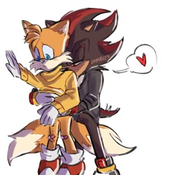 Size: 1000x1000 | Tagged: safe, artist:zevensfw, miles "tails" prower, shadow the hedgehog, blushing, duo, gay, heart, jumper, lidded eyes, lifting shirt, looking at something, older, plaster, shadow x tails, shipping, simple background, standing, white background