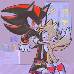 Size: 2048x2048 | Tagged: safe, artist:shadykid99, miles "tails" prower, shadow the hedgehog, abstract background, astraphobia, bedroom, blushing, cute, duo, exclamation mark, eyes closed, gay, lightning, looking at them, mouth open, scared, shadow x tails, shipping, standing, surprise hug, sweatdrop, table, tailabetes, window