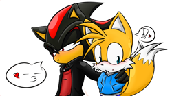 Size: 1000x558 | Tagged: dead source, safe, artist:redkelv, miles "tails" prower, shadow the hedgehog, arm around shoulders, blushing, duo, exclamation mark, gay, heart, hoodie, lidded eyes, mouth open, pout, shadow x tails, shipping, simple background, speech bubble, standing, surprised, white background