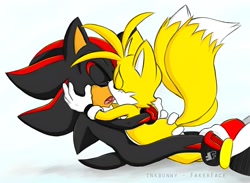 Size: 1860x1362 | Tagged: source needed, safe, artist:fakerface, miles "tails" prower, shadow the hedgehog, duo, eyes closed, french kiss, gay, hand on another's butt, kiss, lying back, lying on them, mouth open, shadow (lighting), shadow x tails, shipping, simple background, tongue out, white background