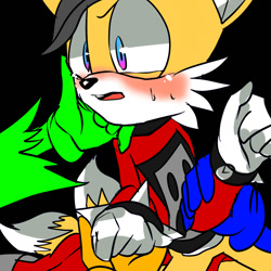 Size: 1000x1000 | Tagged: safe, artist:peachthehedgehog, miles "tails" prower, miles (anti-mobius), scourge the hedgehog, sonic the hedgehog, black background, blushing, crying, eye twitch, gay, grabbing, group, hand on another's face, holding hands, kneeling, looking offscreen, miles x tails, mouth open, offscreen character, scouriles, selfcest, shipping, simple background, solo focus, soniles, sweatdrop, tears